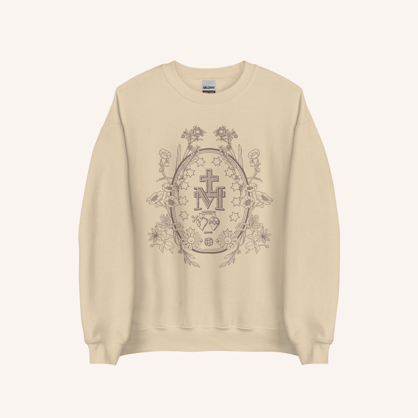 a sweatshirt with a cross and flowers on it