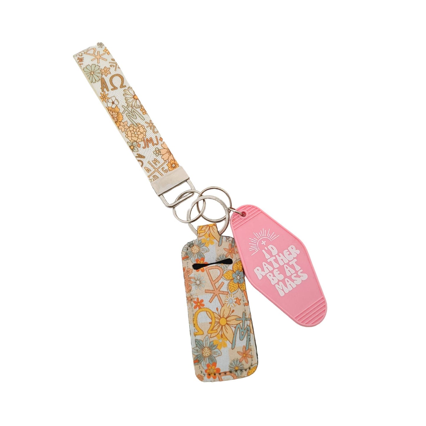 Catholic Wristlet Keychain,  Wrist Lanyard for Keys, Retro Floral Catholic Symbols