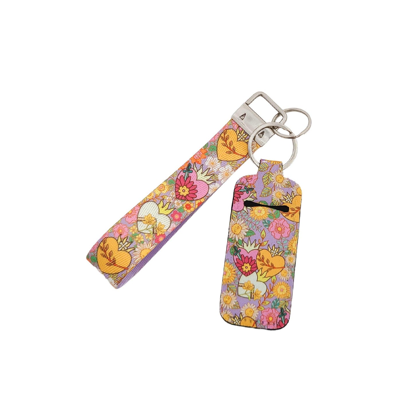 Holy Family Hearts Wristlet Keychain with Hand-Drawn Hearts & Bright Florals, Catholic Key Wristlet