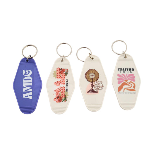 Retro Catholic Motel Keychain | Faith-Inspired Key Tag | Vintage Style Keychain | Saint and Bible Quote Key Tags