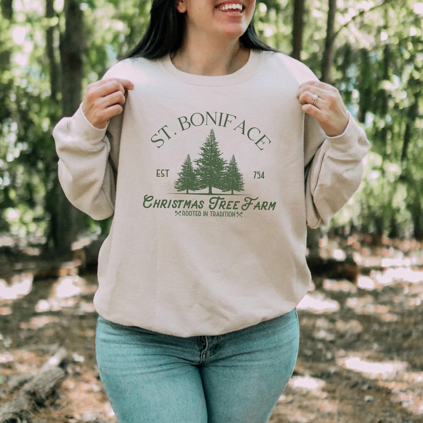 St Boniface Christmas Tree Farm Catholic Crewneck Sweatshirt