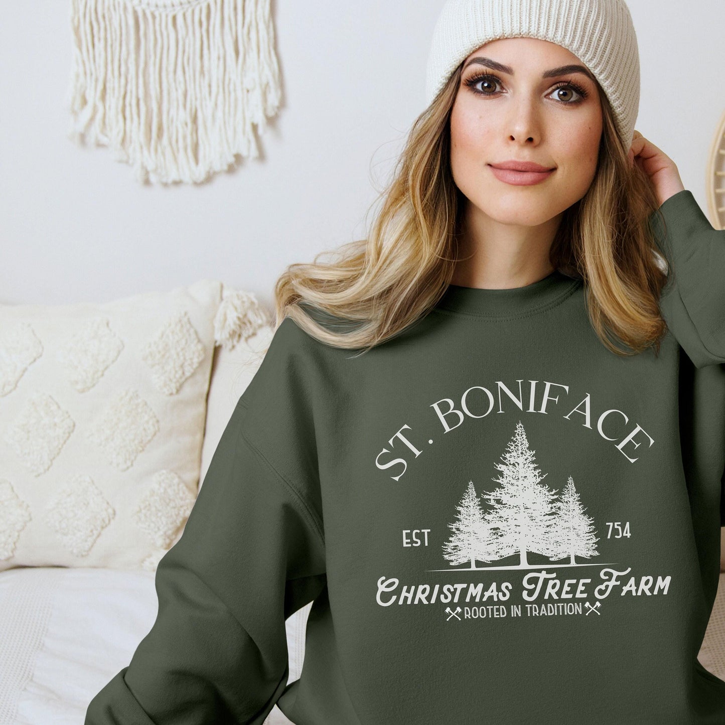 St Boniface Christmas Tree Farm Catholic Crewneck Sweatshirt