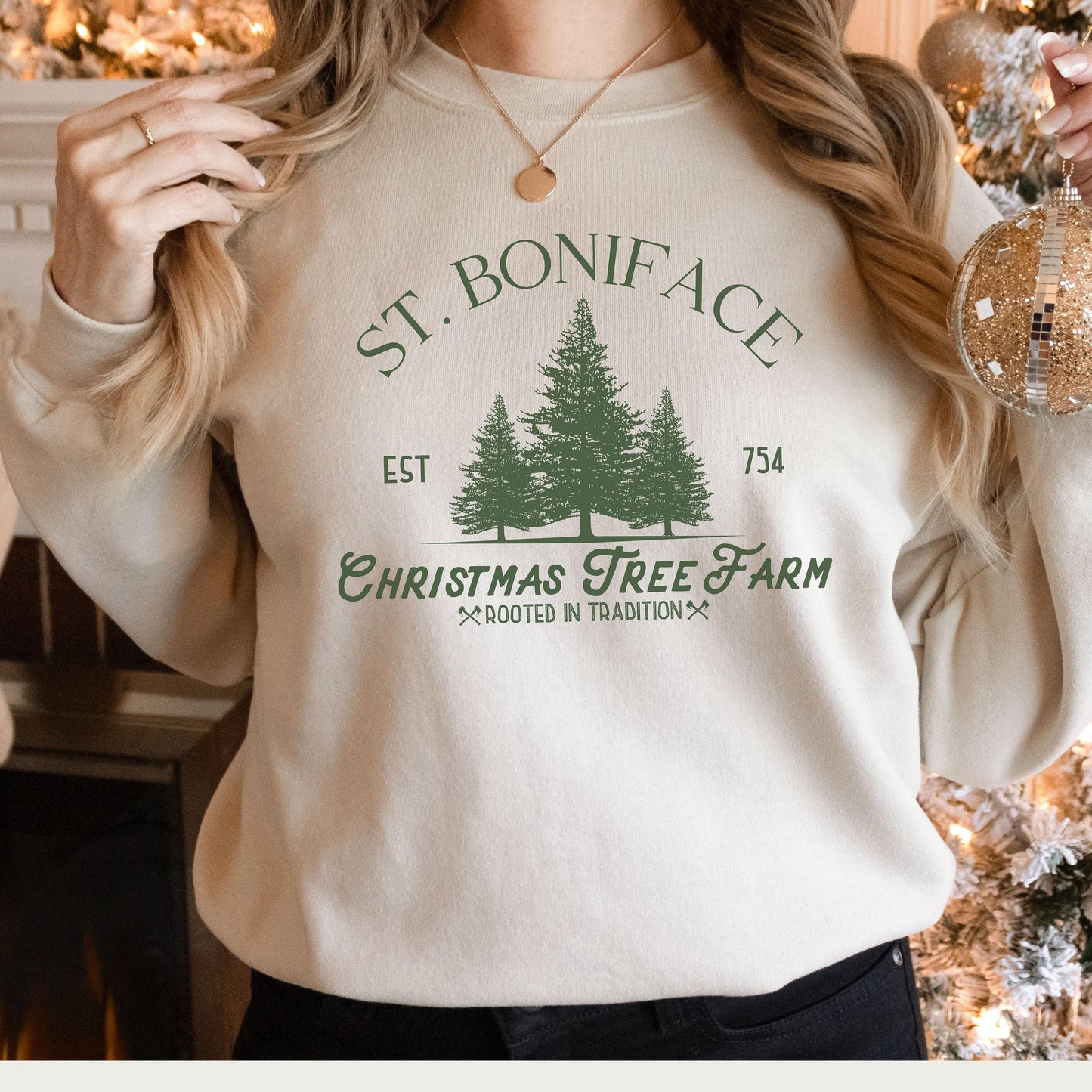 St Boniface Christmas Tree Farm Catholic Crewneck Sweatshirt