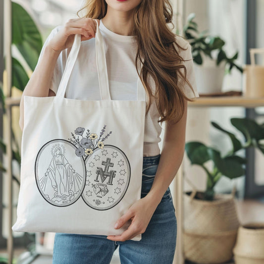 Miraculous Medal Catholic Canvas Tote Bag, Mass Bag for Catholic Moms, Gift for Catholics