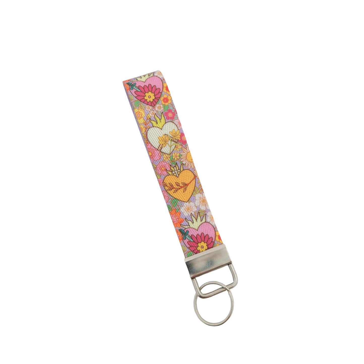 Holy Family Hearts Wristlet Keychain with Hand-Drawn Hearts & Bright Florals, Catholic Key Wristlet