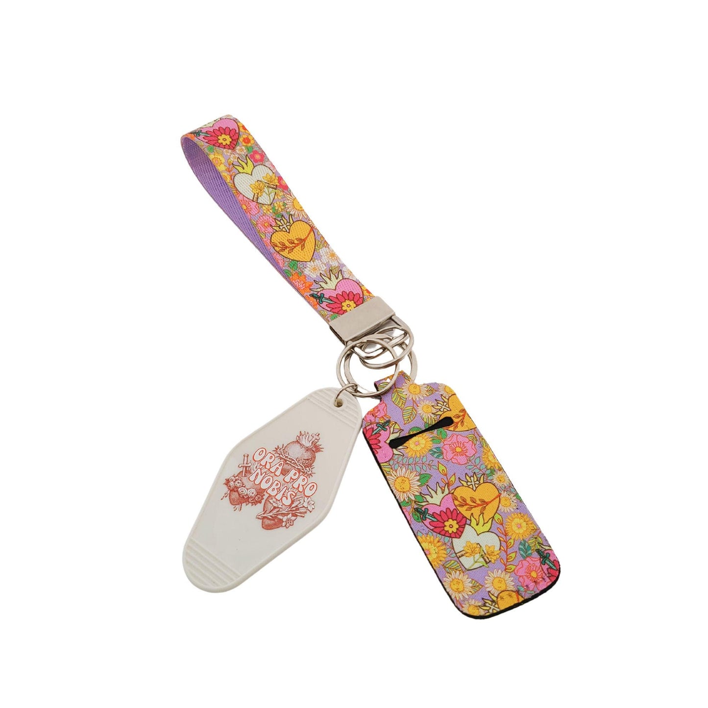 Holy Family Hearts Wristlet Keychain with Hand-Drawn Hearts & Bright Florals, Catholic Key Wristlet