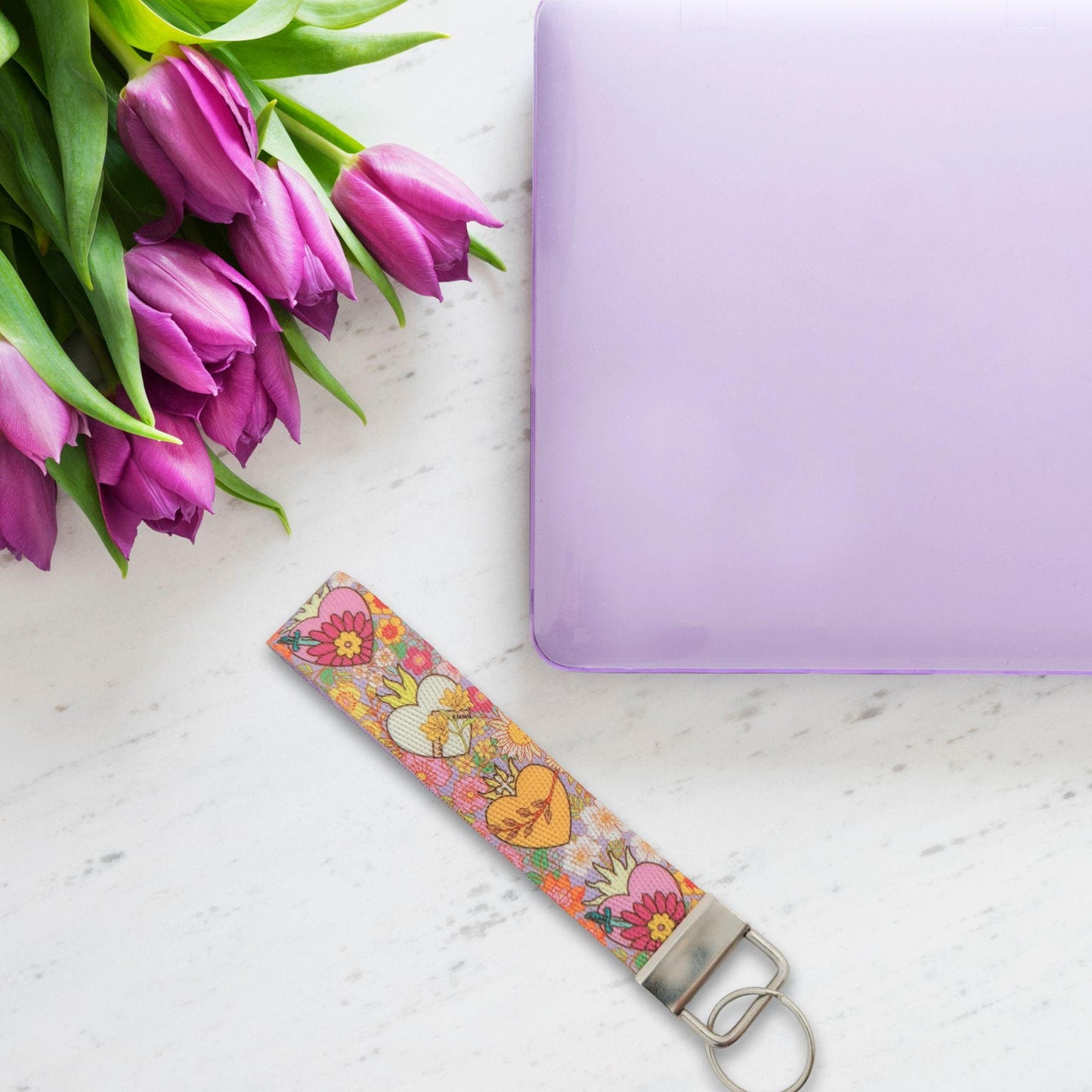 Holy Family Hearts Wristlet Keychain with Hand-Drawn Hearts & Bright Florals, Catholic Key Wristlet