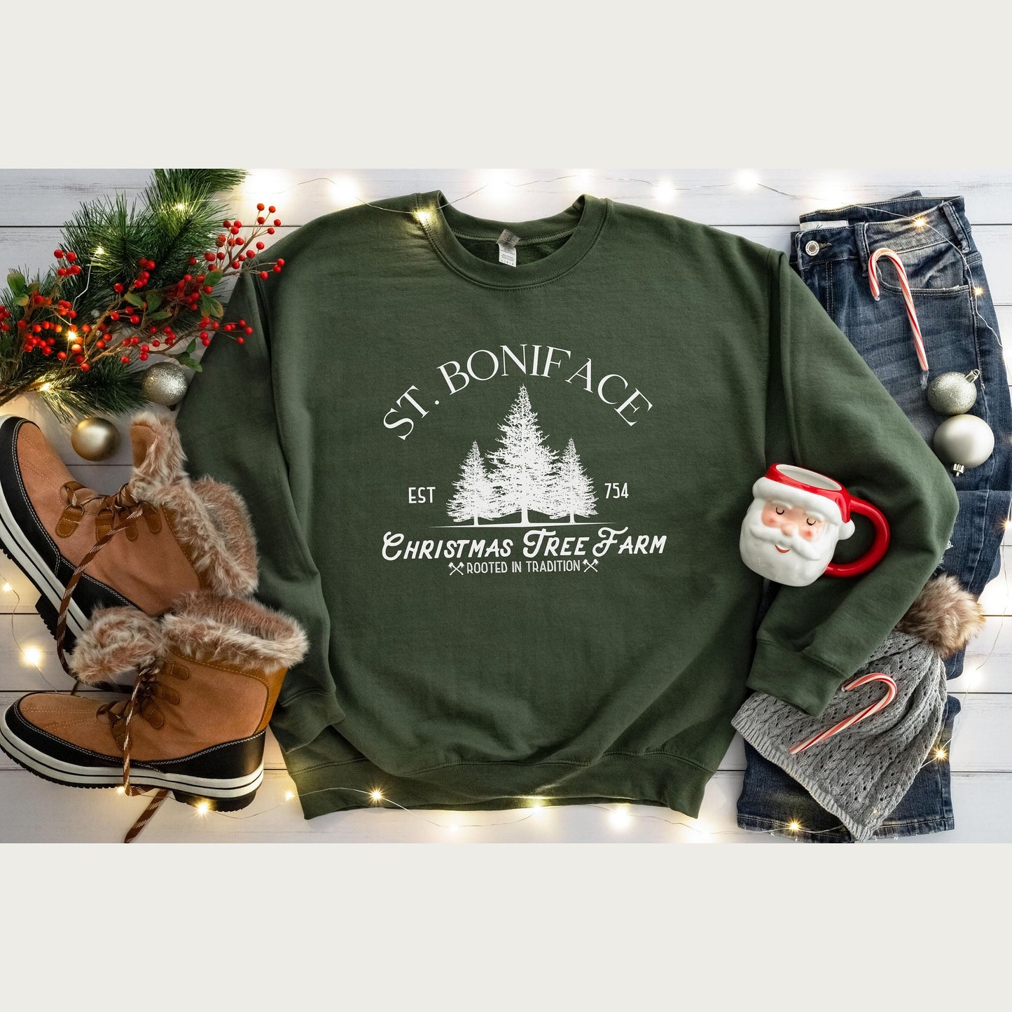 St Boniface Christmas Tree Farm Catholic Crewneck Sweatshirt