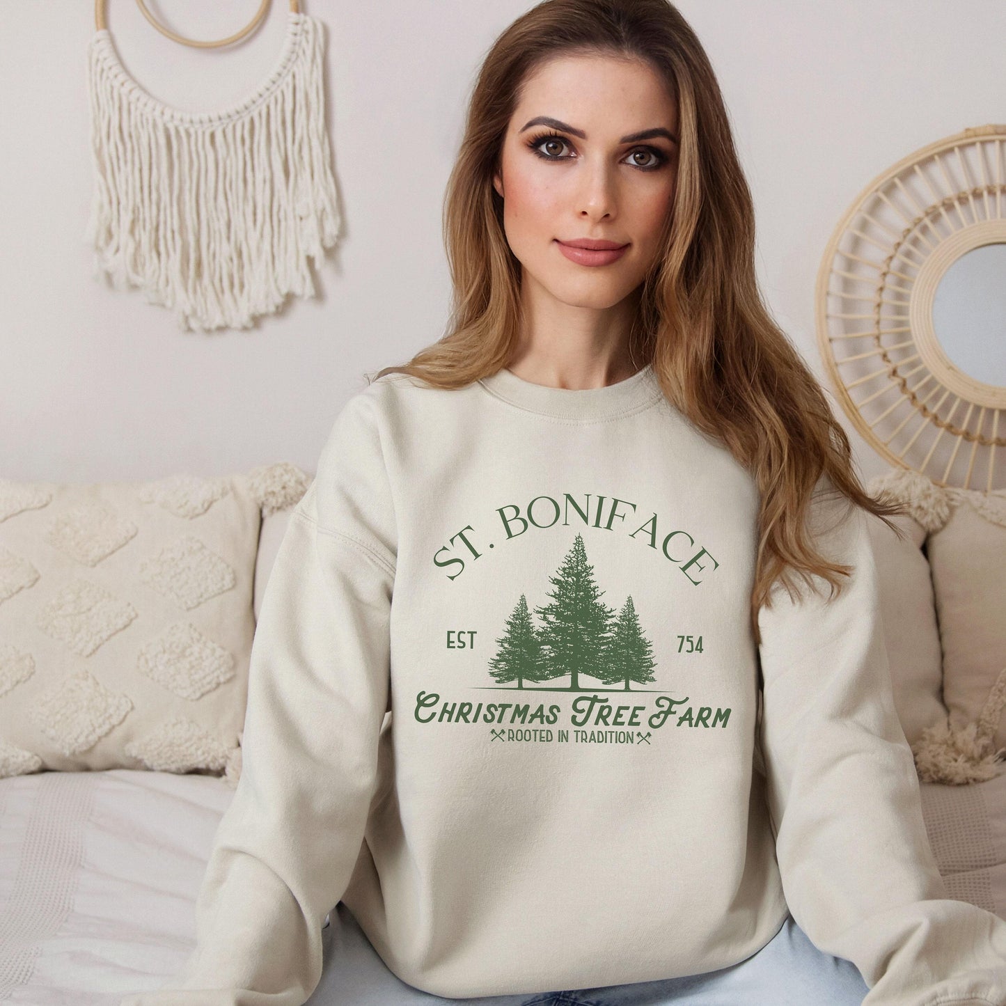 St Boniface Christmas Tree Farm Catholic Crewneck Sweatshirt