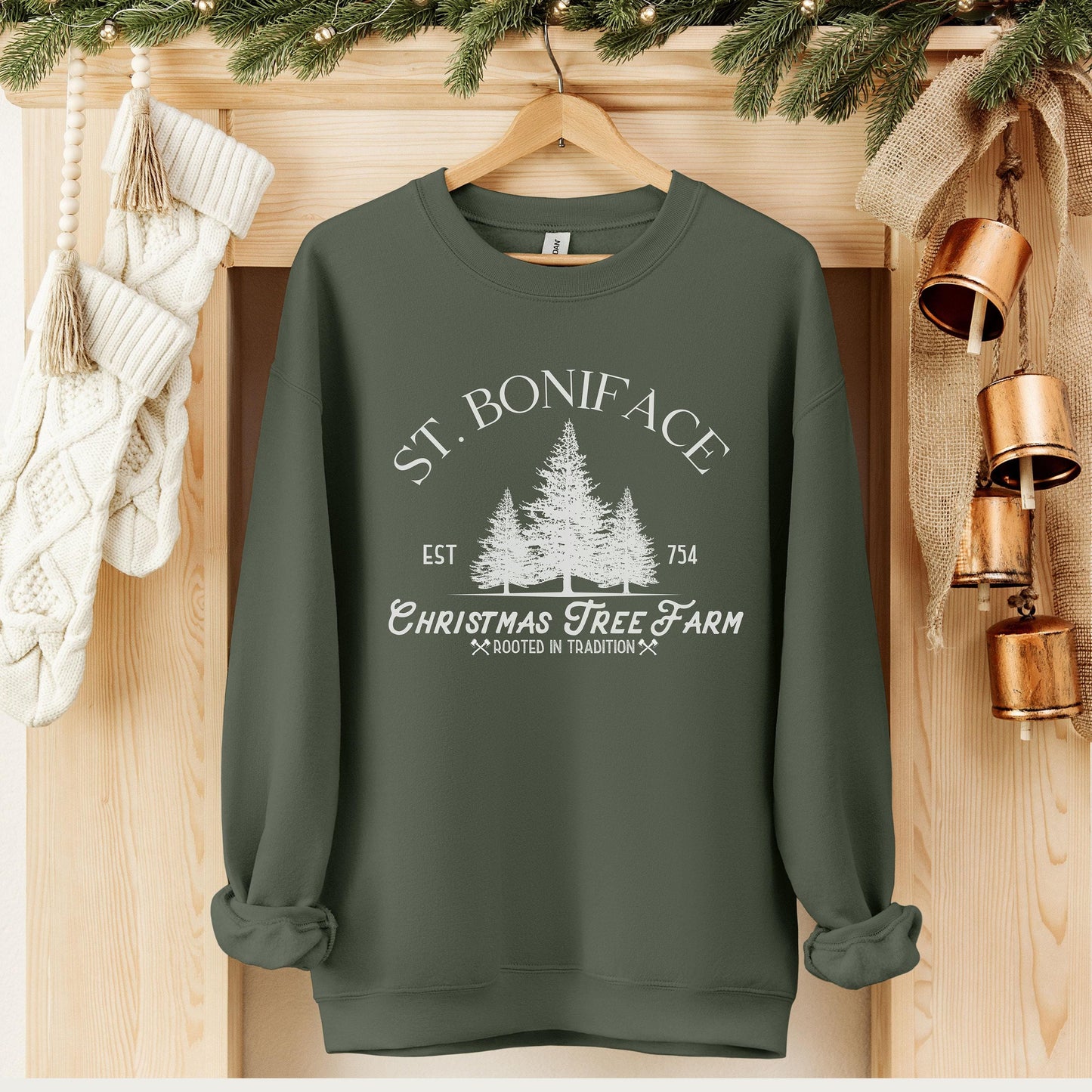 St Boniface Christmas Tree Farm Catholic Crewneck Sweatshirt